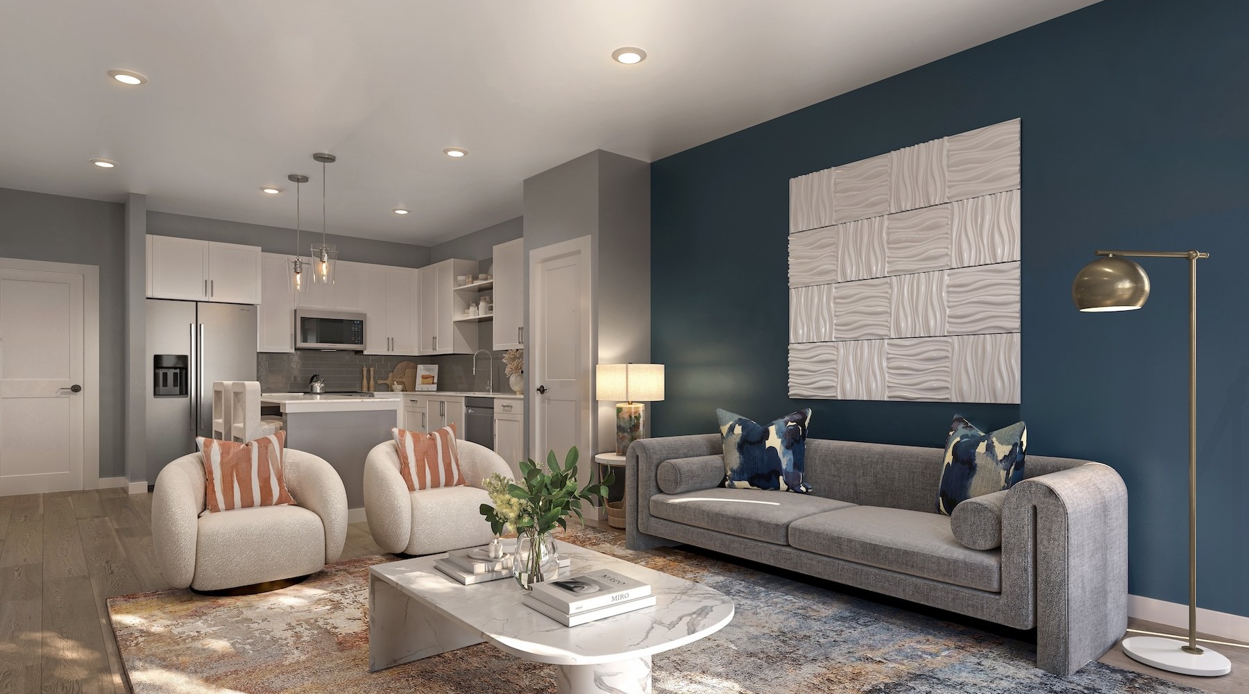 living room with seating and large piece of art on the wall