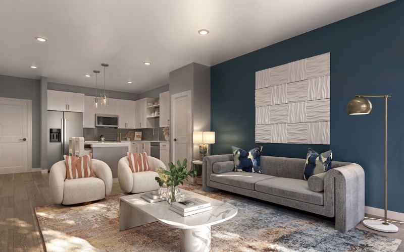 living room with seating and large piece of art on the wall