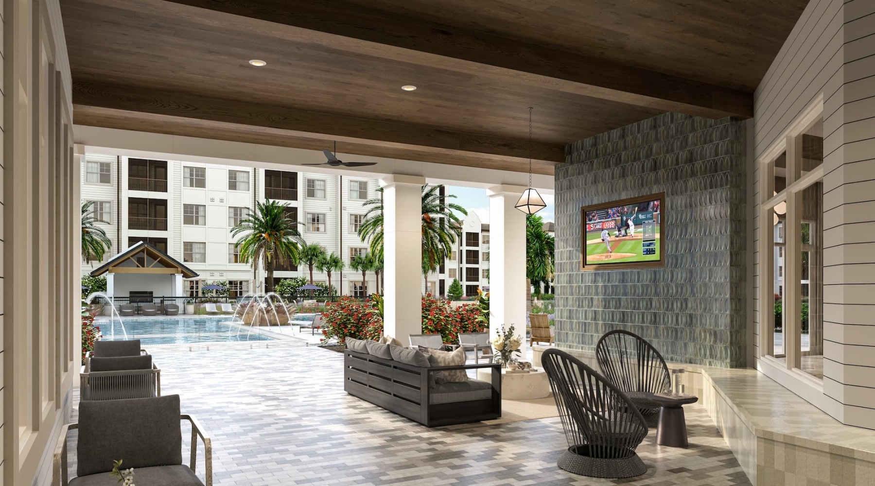 open-air style lounge area beside the pool