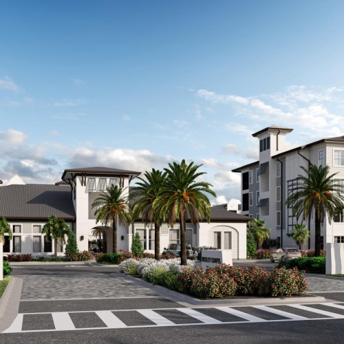 a street with palm trees and buildings